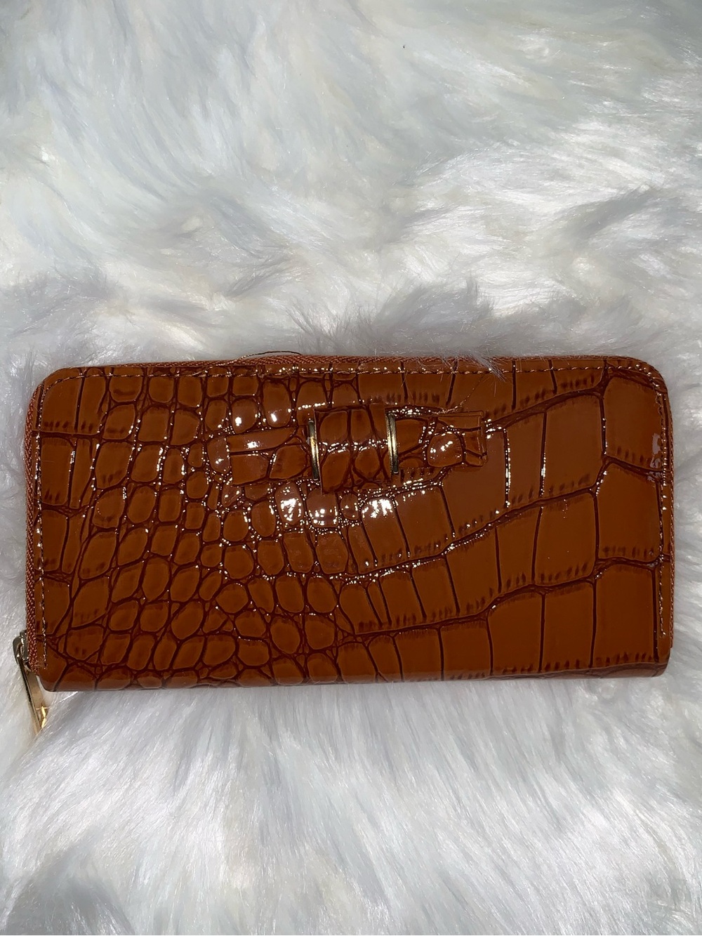 Croc-Embossed Patent Zip Wallet